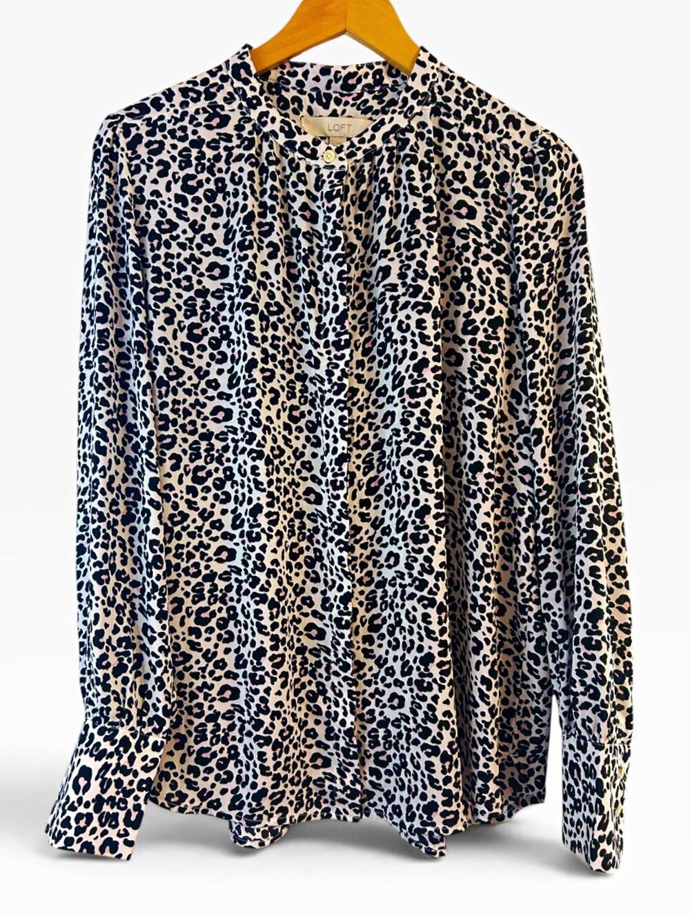 LOFT Womens Pink/Black Cheetah Animal Print Button Blouse Band Collar Croquette